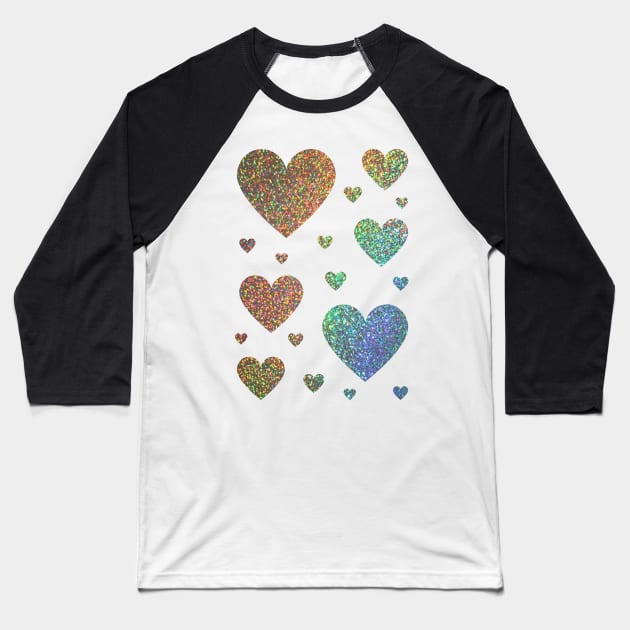 Holographic Rainbow Ombre Faux Glitter Hearts Baseball T-Shirt by Felicity-K